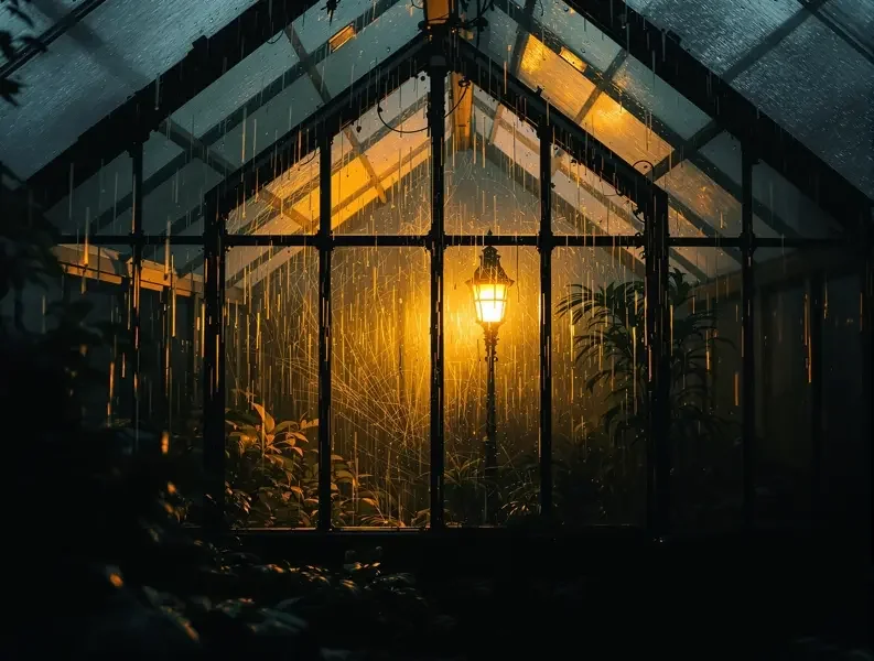 悬疑推理 - 蜜桃影视 悬疑推理主题配图,雨夜旧玻璃温室里透出的暖黄灯光